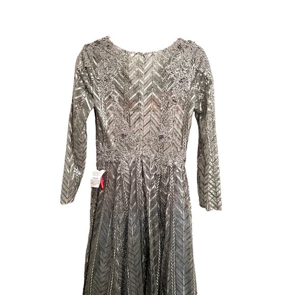 Mac Duggal Gown Embellished Illusion Long Sleeve Wrap Platinum Size 4 NWT 20189 - Picture 6 of 10